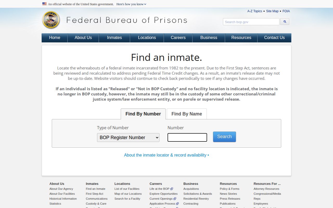 Federal Bureau of Prisons inmate locator search fields