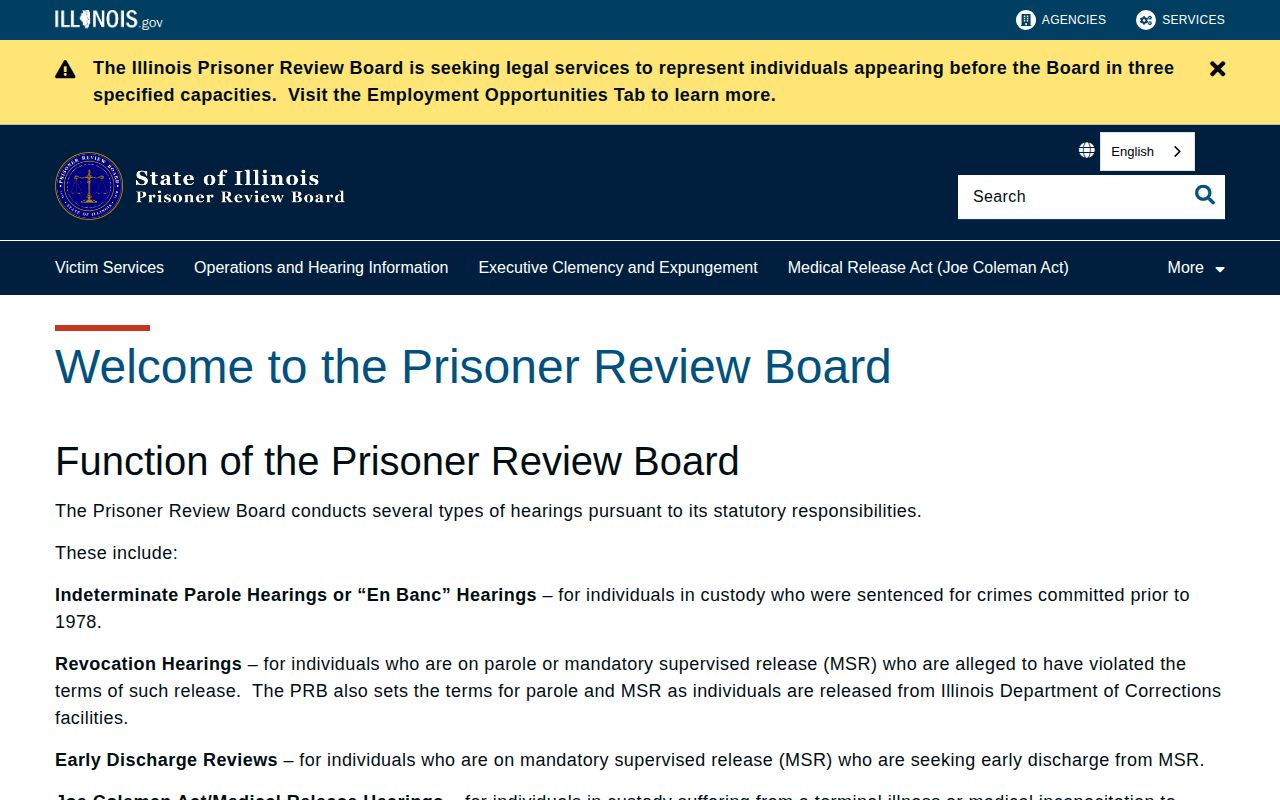 Illinois Prisoner Review Board official role and navigation page