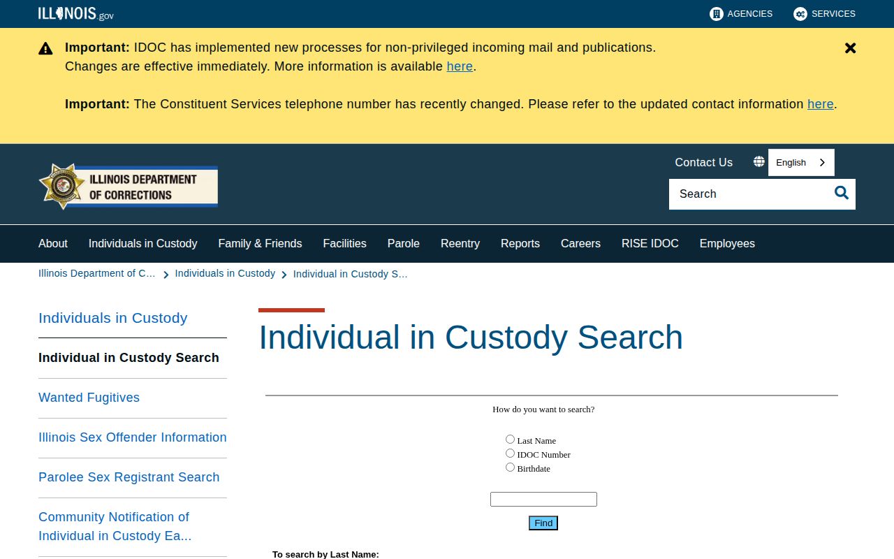 Illinois Department of Corrections individual search landing page